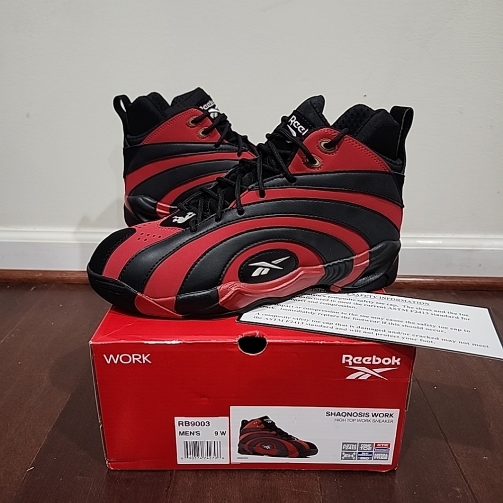 Sz 9 WIDE Reebok Shaqnosis WORK Red BLACK Men's  Sneakers ASTM F2413 CAP